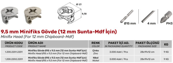 9,5 mm Minifiks Gövde (12 mm Sunta-Mdf İçin) - Görsel 2