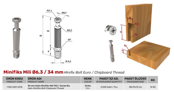 Minifiks Mili Ø6,3 x 34 mm - Görsel 2