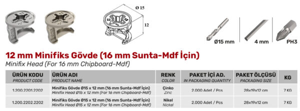 12 mm Minifiks Gövde (16 mm Sunta-Mdf İçin) - Görsel 2