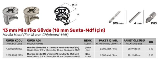 13 mm Minifiks Gövde (18 mm Sunta-Mdf İçin) - Görsel 2