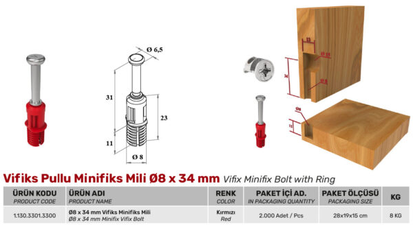 Vifiks Pullu Minifiks Mili Ø8 x 34 mm - Görsel 2