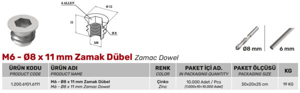 M6 Ø8 x Ø11 mm Zamak Dübel - Görsel 2