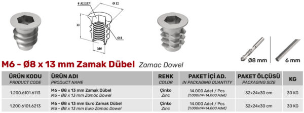 M6 Ø8 x Ø13 mm Zamak Dübel - Görsel 2