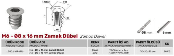 M6 Ø8 x 16 mm Zamak Dübel - Görsel 2