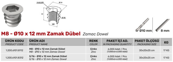 M8 Ø10 x 12 mm Zamak Dübel - Görsel 2