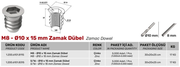 M8 Ø10 x 15 mm Zamak Dübel - Görsel 2