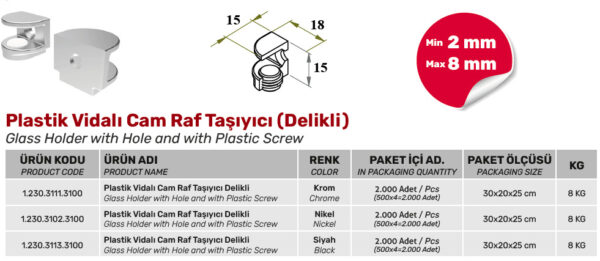 Plastik Vidalı Cam Raf Taşıyıcı Delikli - Görsel 2