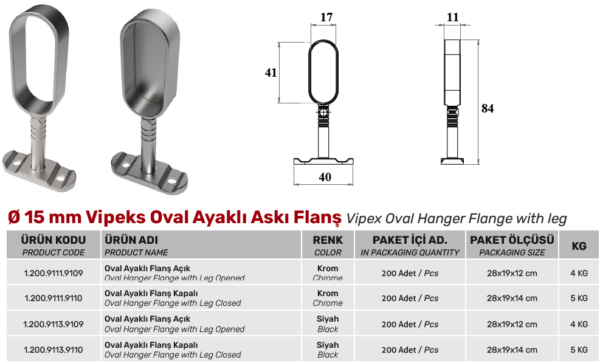 Ø15 mm Vipeks Oval Ayaklı Askı Flanş - Görsel 2