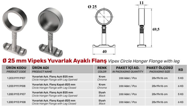 Ø25 mm Vipeks Yuvarlak Ayaklı Flanş - Görsel 2