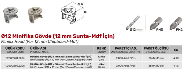 12 x 10 mm - Ø12 Minifiks Gövde (12 mm Sunta-Mdf İçin) - Görsel 2