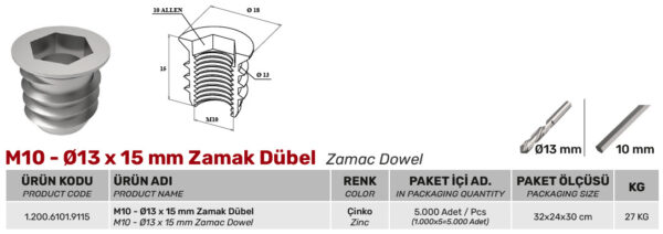 M10 - Ø13 x 15 mm Zamak Dübel - Görsel 2