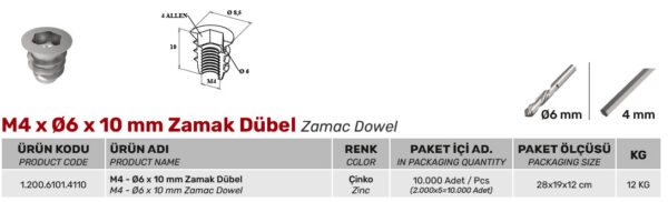 M4 x Ø6 x 10 mm Zamak Dübel - Görsel 2