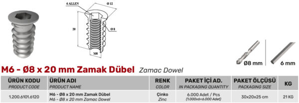 M6 Ø8 x Ø20 mm Zamak Dübel - Görsel 2