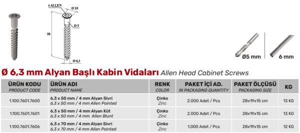 Ø6,3 mm Alyan Başlı Kabin Vidaları - Görsel 2