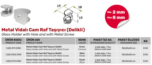 Metal Vidalı Cam Raf Taşıyıcı Delikli - Görsel 2