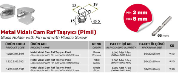 Metal Vidalı Cam Raf Taşıyıcı Pimli - Görsel 2